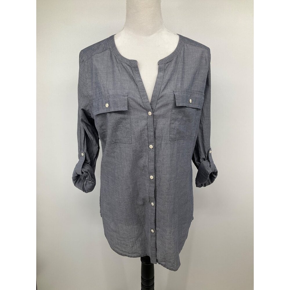Ann Taylor LOFT size Medium Denim button-front long-sleeved lightweight top - Picture 2 of 11